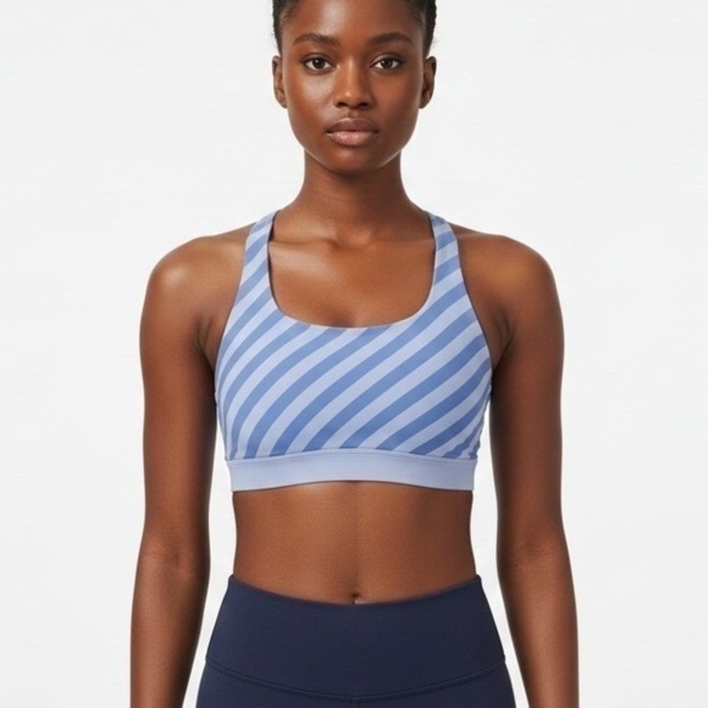 Lululemon Energy Bra Blue White Diagonal Stripe Strappy Back‎ Sports Bra Size 12